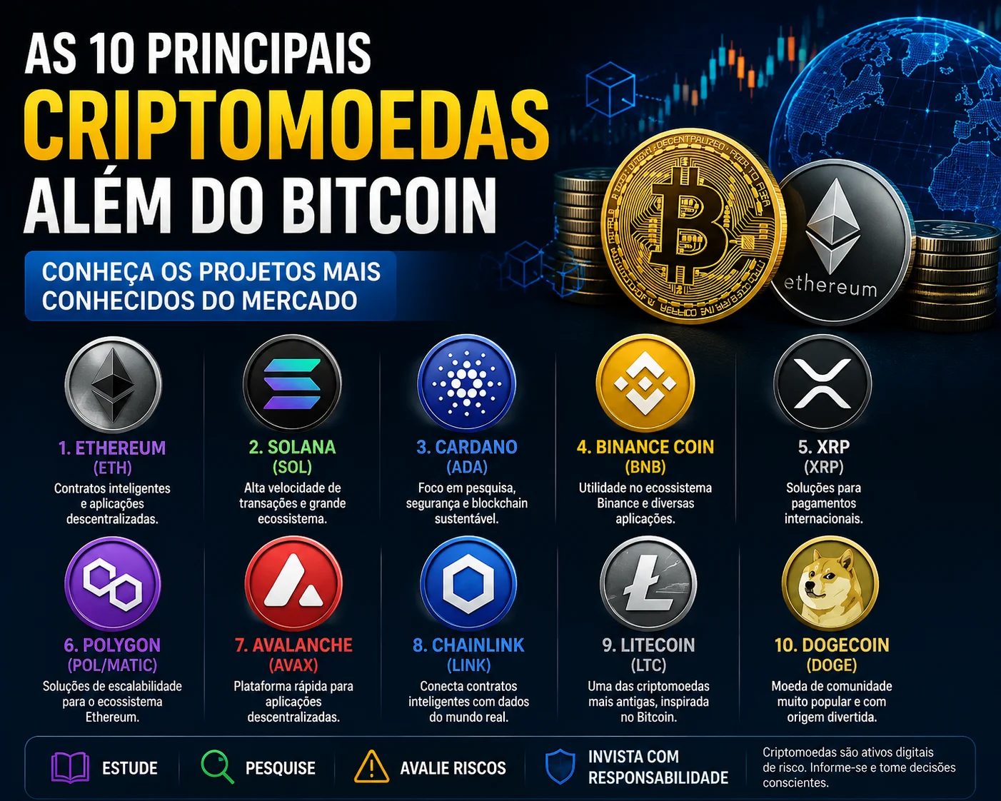 As 10 Principais Criptomoedas Além do Bitcoin: Conheça os Projetos Mais Conhecidos do Mercado