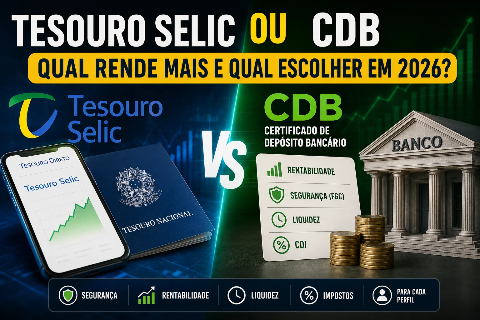 Tesouro Selic ou CDB: qual rende mais e qual escolher em 2026?