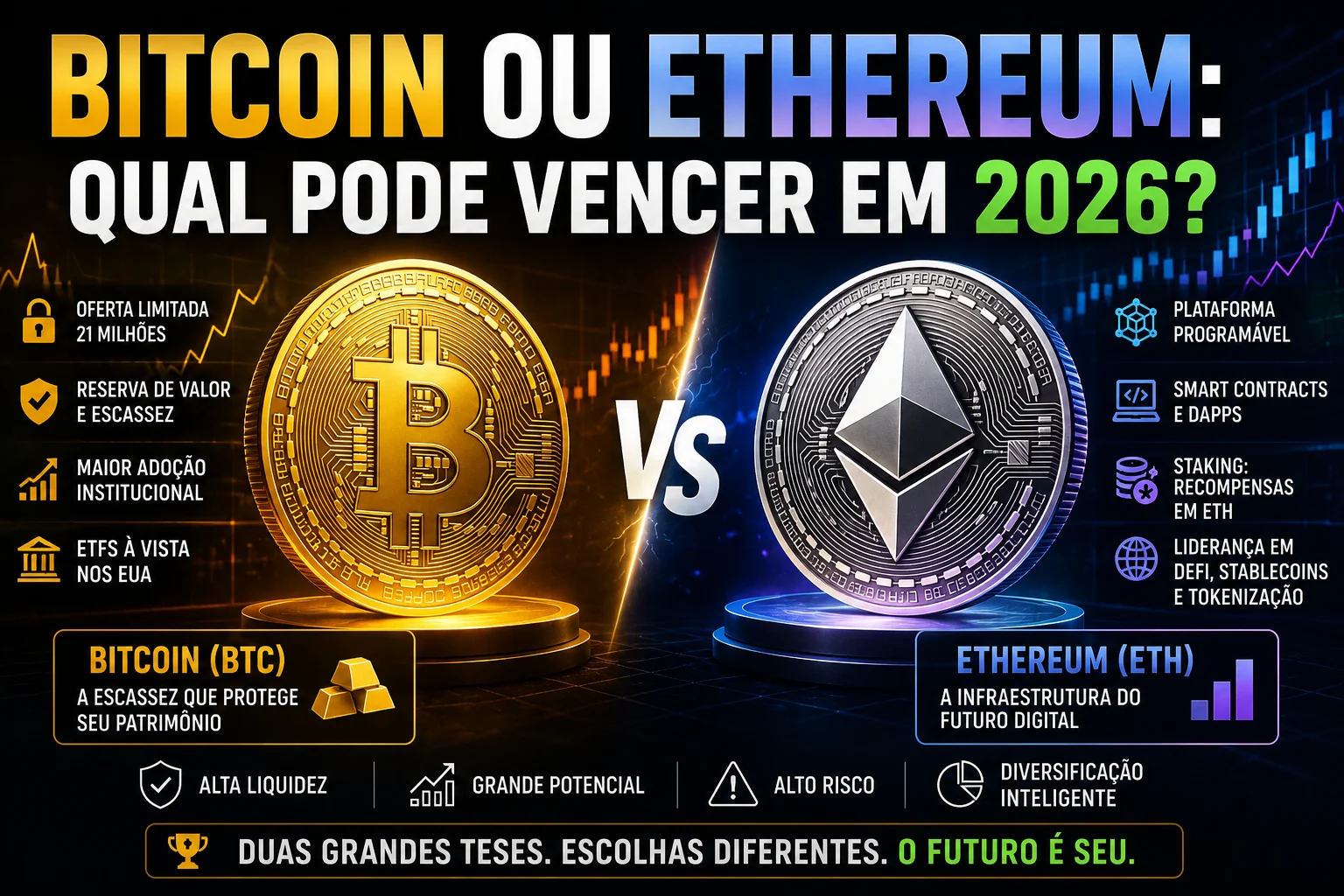 Bitcoin ou Ethereum: qual pode ser o melhor investimento em 2026?